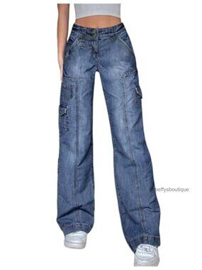 Women's Stretch Denim Cargo Pants Baggy Wide Leg Low Rise Streetwear Jeans